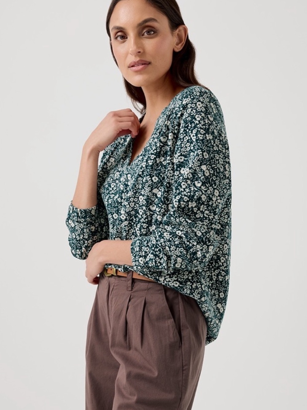 NWOT Pact Organic Cotton Floral Cafe Crepe Poet Blouse XL Long Sleeve V-neck Top